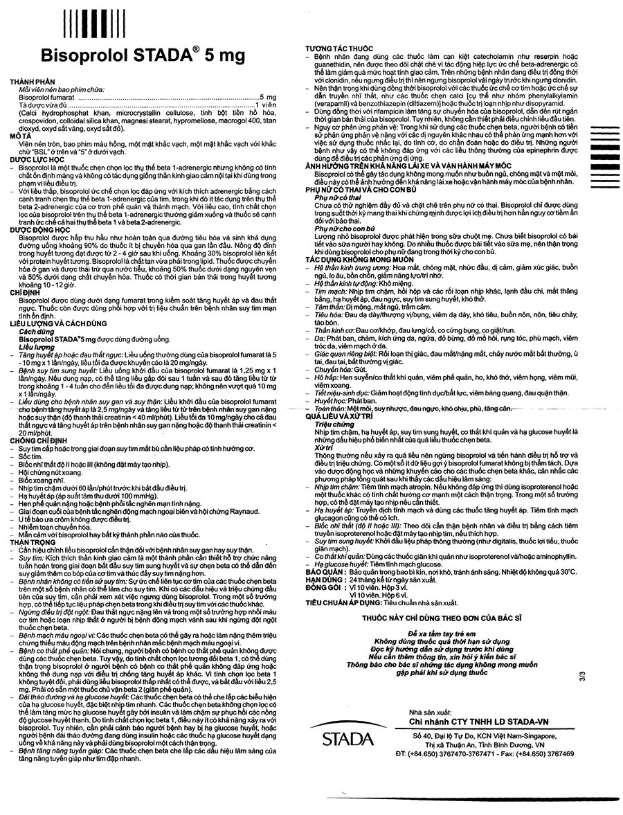 Bisoprolol Stada 5mg trị tăng huyết áp, đau thắt ngực (3 vỉ x 10 viên) - 6